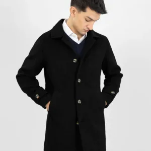 Brumano Black Wool Blended Long Coat With Collar