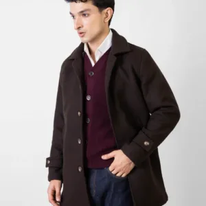 Brumano Dark Brown Wool Blended Long Coat With Collar